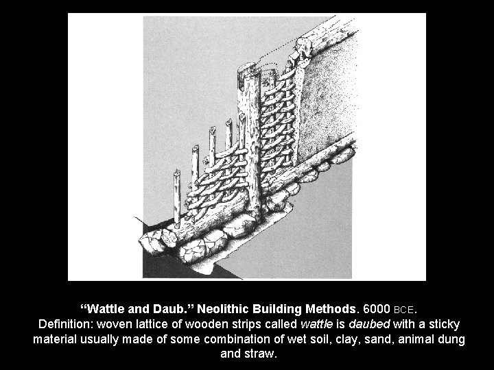 “Wattle and Daub. ” Neolithic Building Methods. 6000 BCE. Definition: woven lattice of wooden