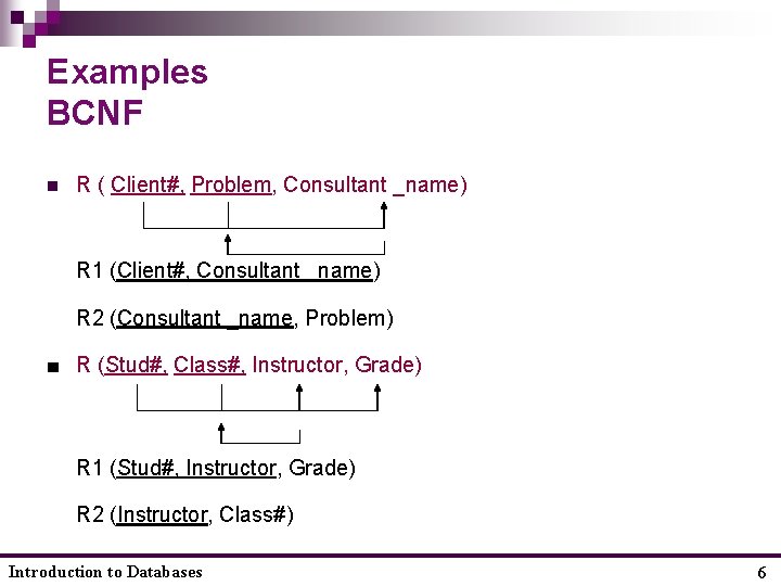 Examples BCNF n R ( Client#, Problem, Consultant _name) R 1 (Client#, Consultant _name)