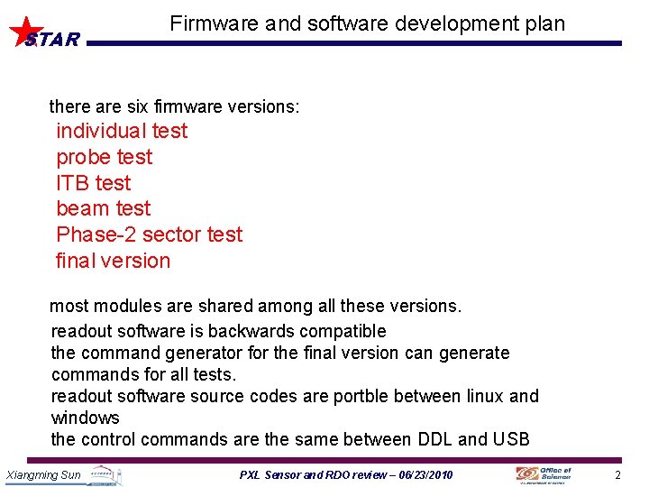 STAR Firmware and software development plan there are six firmware versions: individual test probe