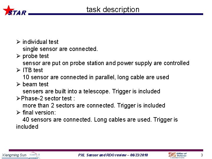 STAR task description Ø individual test single sensor are connected. Ø probe test sensor