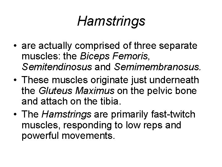 Hamstrings • are actually comprised of three separate muscles: the Biceps Femoris, Semitendinosus and