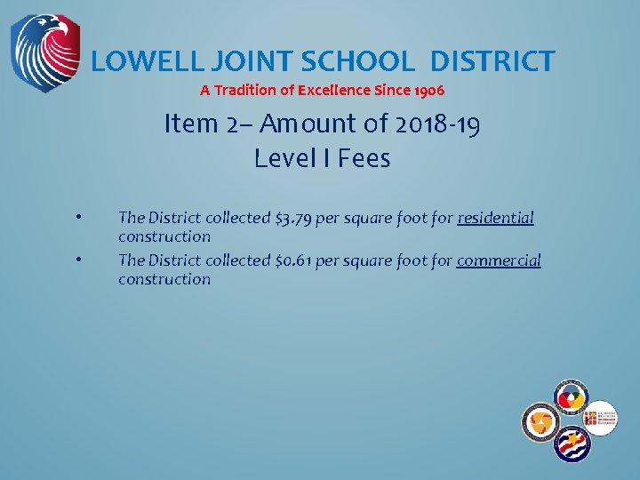 LOWELL JOINT SCHOOL DISTRICT A Tradition of Excellence Since 1906 Item 2– Amount of