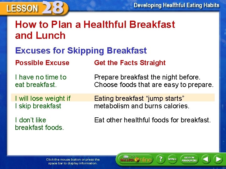 How to Plan a Healthful Breakfast and Lunch Excuses for Skipping Breakfast Possible Excuse