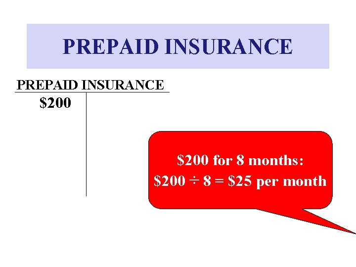 PREPAID INSURANCE $200 for 8 months: $200 ÷ 8 = $25 per month PREPAID INSURANCE $200 for 8 months: $200 ÷ 8 = $25 per month