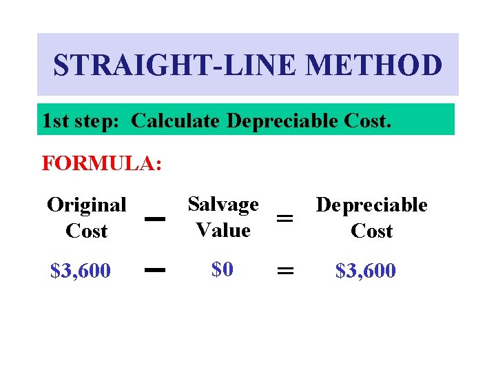STRAIGHT-LINE METHOD 1 st step: Calculate Depreciable Cost. FORMULA: Original Cost Salvage Value = STRAIGHT-LINE METHOD 1 st step: Calculate Depreciable Cost. FORMULA: Original Cost Salvage Value =