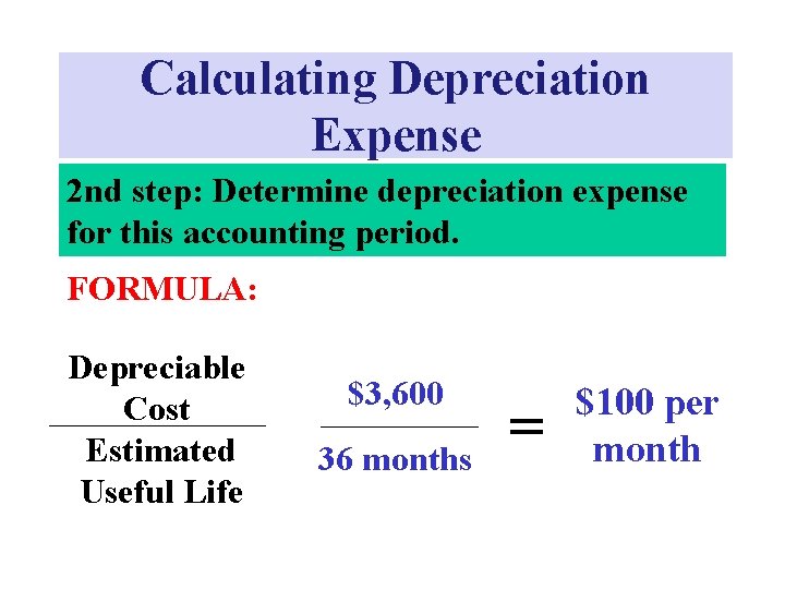 Calculating Depreciation Expense 2 nd step: Determine depreciation expense for this accounting period. FORMULA: Calculating Depreciation Expense 2 nd step: Determine depreciation expense for this accounting period. FORMULA: