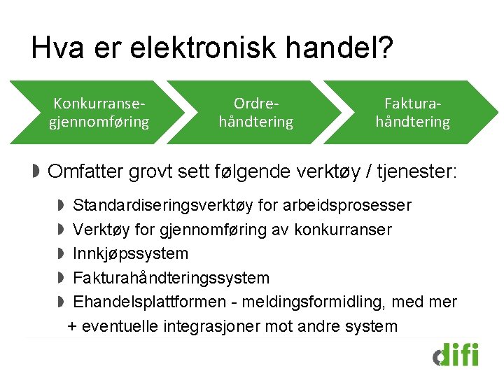 Hva er elektronisk handel? Konkurransegjennomføring Ordrehåndtering Fakturahåndtering Omfatter grovt sett følgende verktøy / tjenester: