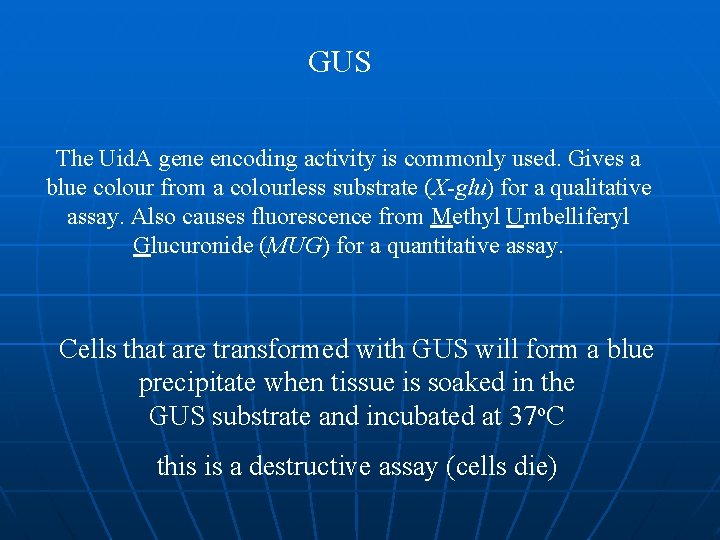 GUS The Uid. A gene encoding activity is commonly used. Gives a blue colour