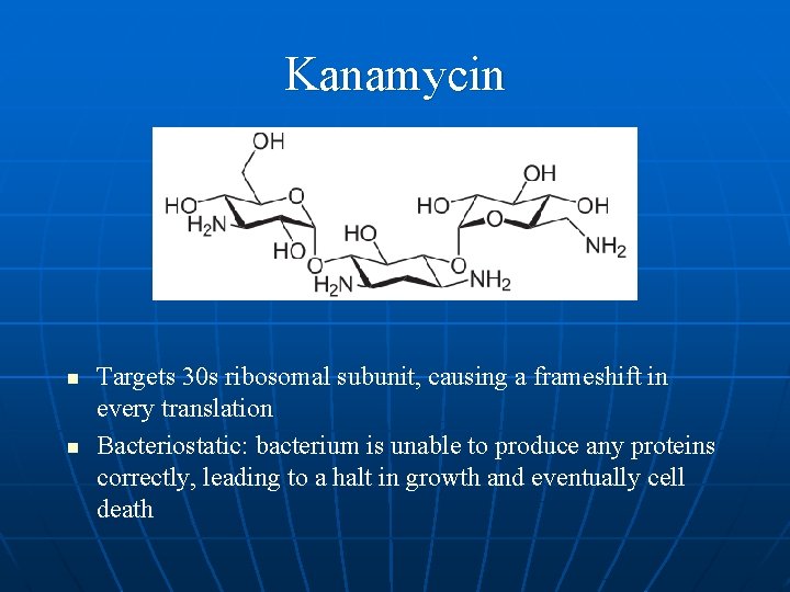 Kanamycin n n Targets 30 s ribosomal subunit, causing a frameshift in every translation