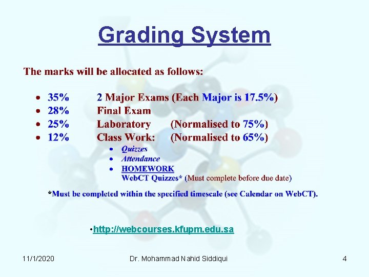 Grading System • http: //webcourses. kfupm. edu. sa 11/1/2020 Dr. Mohammad Nahid Siddiqui 4 Grading System • http: //webcourses. kfupm. edu. sa 11/1/2020 Dr. Mohammad Nahid Siddiqui 4