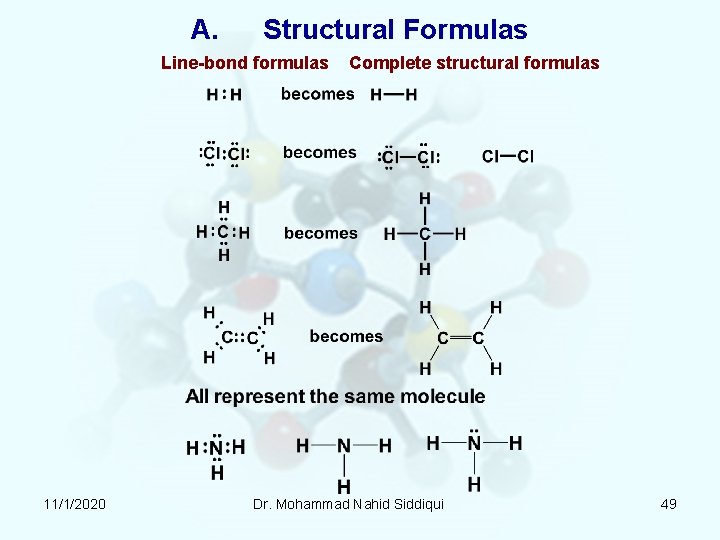 A. Structural Formulas Line-bond formulas 11/1/2020 Complete structural formulas Dr. Mohammad Nahid Siddiqui 49 A. Structural Formulas Line-bond formulas 11/1/2020 Complete structural formulas Dr. Mohammad Nahid Siddiqui 49