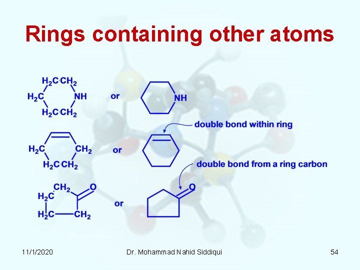 Rings containing other atoms 11/1/2020 Dr. Mohammad Nahid Siddiqui 54 Rings containing other atoms 11/1/2020 Dr. Mohammad Nahid Siddiqui 54