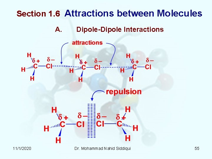 Section 1. 6 Attractions between Molecules A. 11/1/2020 Dipole-Dipole Interactions Dr. Mohammad Nahid Siddiqui Section 1. 6 Attractions between Molecules A. 11/1/2020 Dipole-Dipole Interactions Dr. Mohammad Nahid Siddiqui