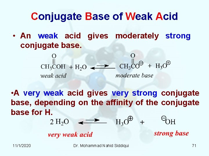 Conjugate Base of Weak Acid • An weak acid gives moderately strong conjugate base. Conjugate Base of Weak Acid • An weak acid gives moderately strong conjugate base.