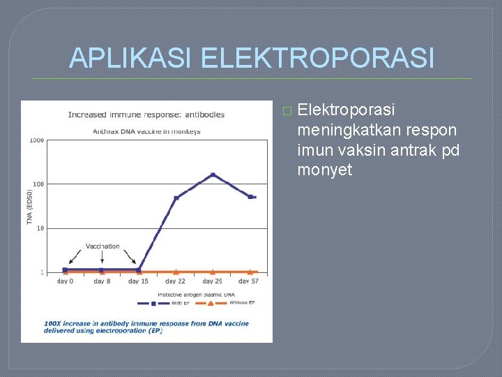 APLIKASI ELEKTROPORASI � Elektroporasi meningkatkan respon imun vaksin antrak pd monyet 