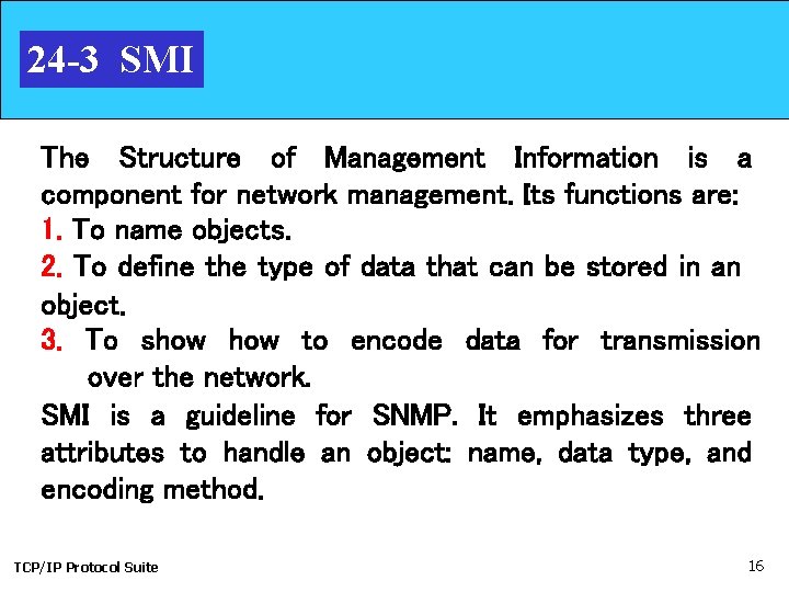 24 -3 SMI The Structure of Management Information is a component for network management.