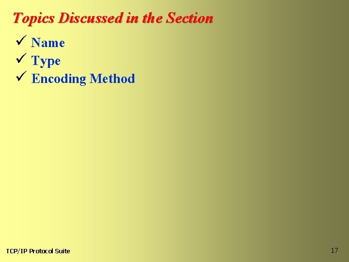 Topics Discussed in the Section ü Name ü Type ü Encoding Method TCP/IP Protocol