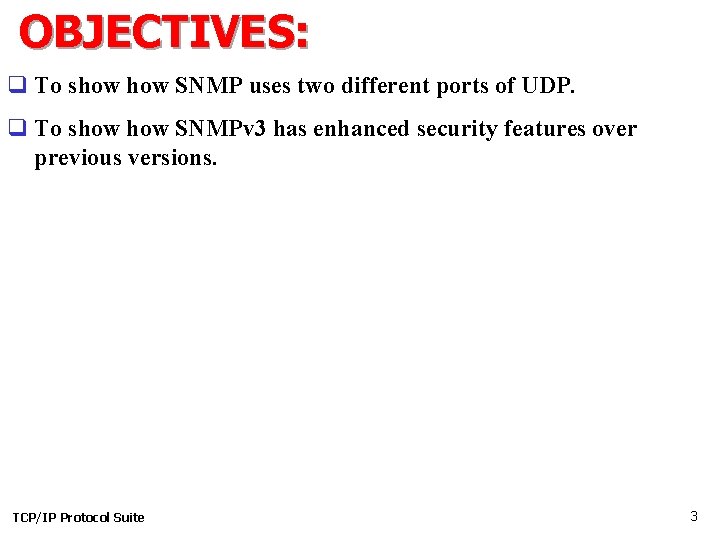 OBJECTIVES: q To show SNMP uses two different ports of UDP. q To show
