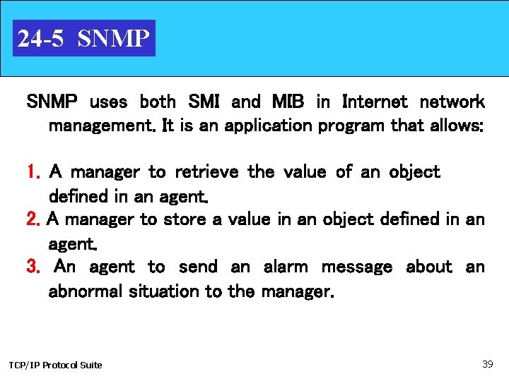 24 -5 SNMP uses both SMI and MIB in Internet network management. It is