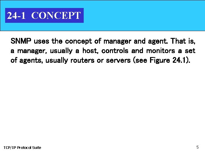 24 -1 CONCEPT SNMP uses the concept of manager and agent. That is, a