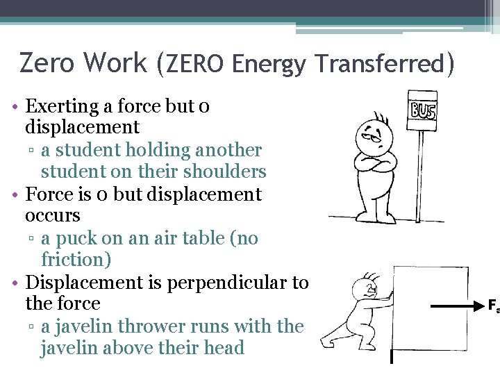Zero Work (ZERO Energy Transferred) • Exerting a force but 0 displacement ▫ a
