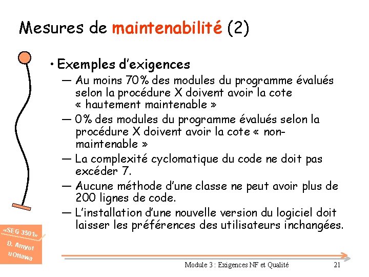 Mesures de maintenabilité (2) • Exemples d’exigences «SEG 3 501» ― Au moins 70%