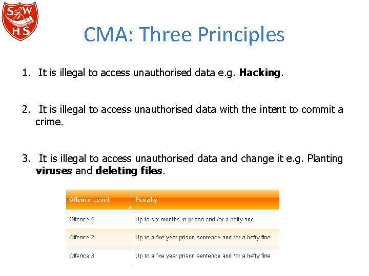 CMA: Three Principles 1. It is illegal to access unauthorised data e. g. Hacking.