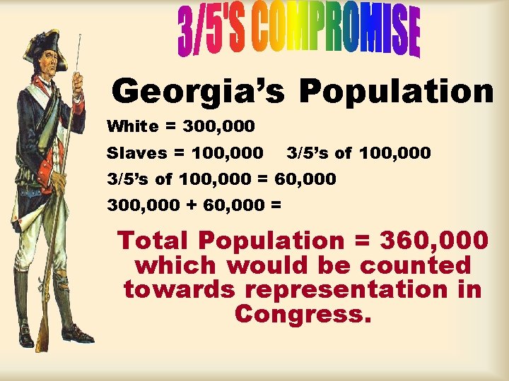 Georgia’s Population White = 300, 000 Slaves = 100, 000 3/5’s of 100, 000 Georgia’s Population White = 300, 000 Slaves = 100, 000 3/5’s of 100, 000