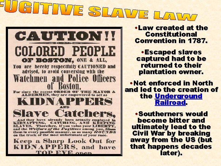 • Law created at the Constitutional Convention in 1787. • Escaped slaves captured • Law created at the Constitutional Convention in 1787. • Escaped slaves captured