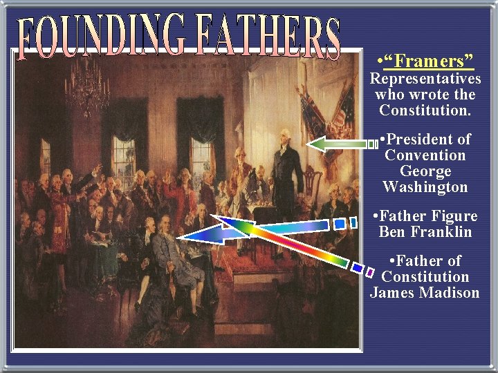 • “Framers” Representatives who wrote the Constitution. • President of Convention George Washington • “Framers” Representatives who wrote the Constitution. • President of Convention George Washington