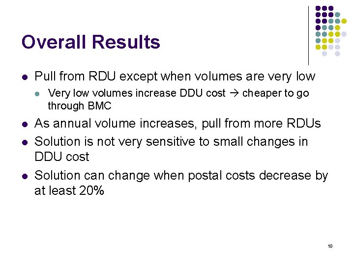 Overall Results l Pull from RDU except when volumes are very low l l