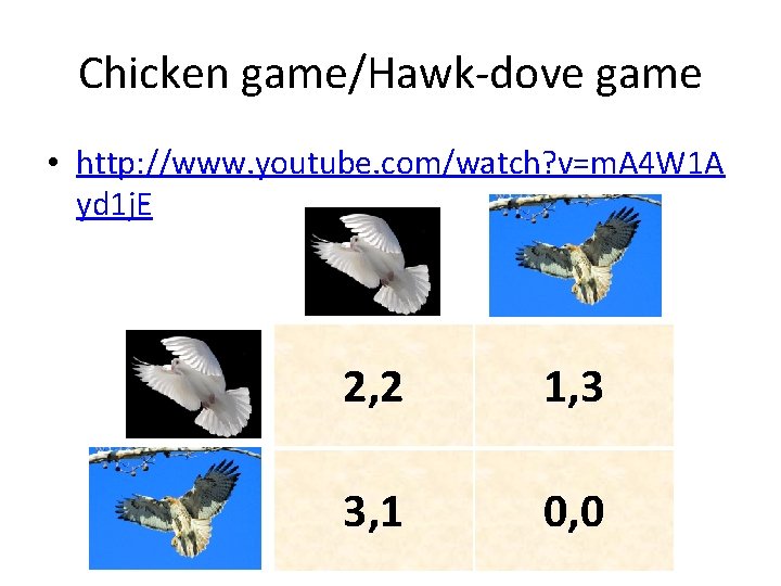 Chicken game/Hawk-dove game • http: //www. youtube. com/watch? v=m. A 4 W 1 A Chicken game/Hawk-dove game • http: //www. youtube. com/watch? v=m. A 4 W 1 A