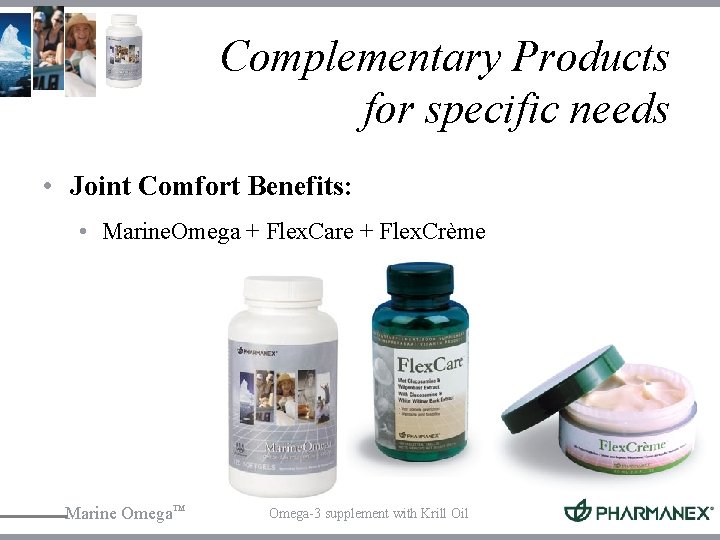 Complementary Products for specific needs • Joint Comfort Benefits: • Marine. Omega + Flex.