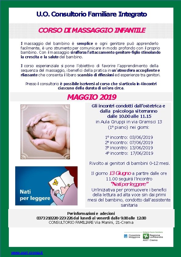 U. O. Consultorio Familiare Integrato Headline CORSO DI MASSAGGIO INFANTILE Il massaggio del bambino