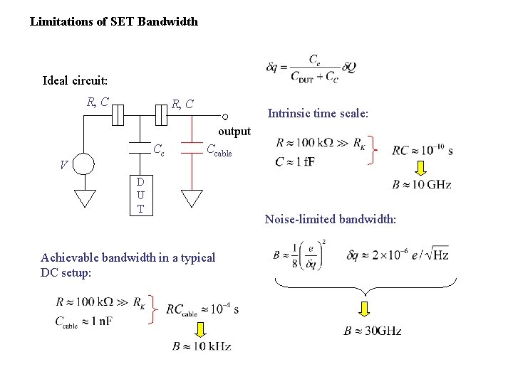 Limitations of SET Bandwidth Ideal circuit: R, C Intrinsic time scale: output Cc V
