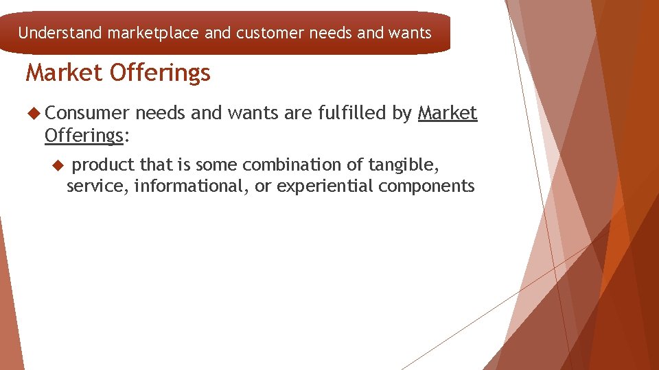 Understand marketplace and customer needs and wants Market Offerings Consumer needs and wants are