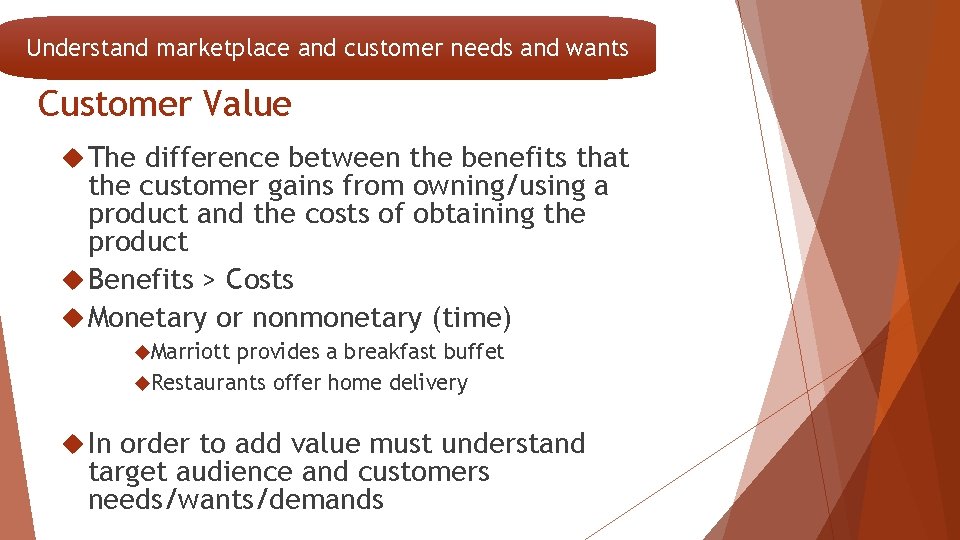 Understand marketplace and customer needs and wants Customer Value The difference between the benefits