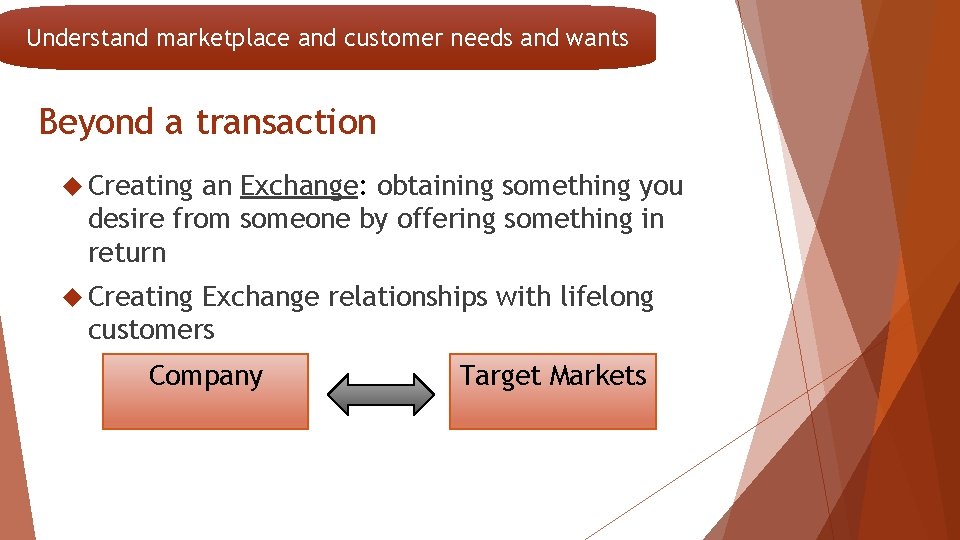 Understand marketplace and customer needs and wants Beyond a transaction Creating an Exchange: obtaining