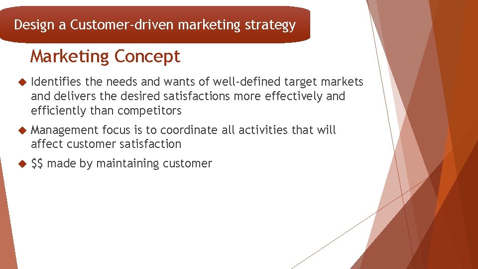 Design a Customer-driven marketing strategy Marketing Concept Identifies the needs and wants of well-defined