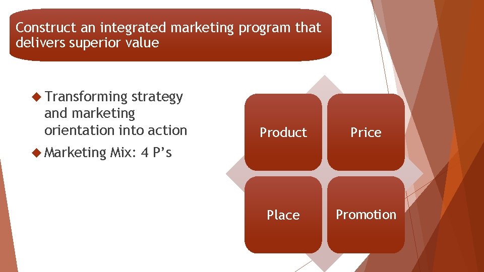 Construct an integrated marketing program that delivers superior value Transforming strategy and marketing orientation