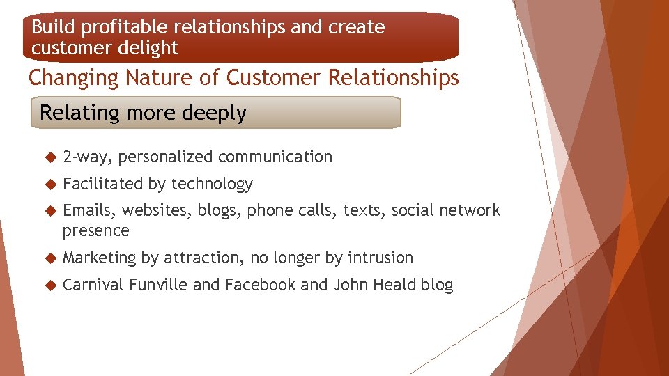 Build profitable relationships and create customer delight Changing Nature of Customer Relationships Relating more