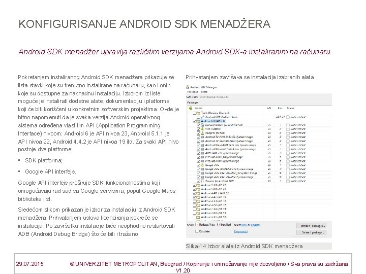 KONFIGURISANJE ANDROID SDK MENADŽERA Android SDK menadžer upravlja različitim verzijama Android SDK-a instaliranim na