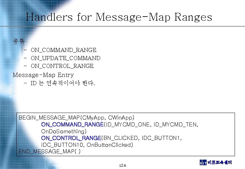 Handlers for Message-Map Ranges 종류 – ON_COMMAND_RANGE – ON_UPDATE_COMMAND – ON_CONTROL_RANGE Message-Map Entry –