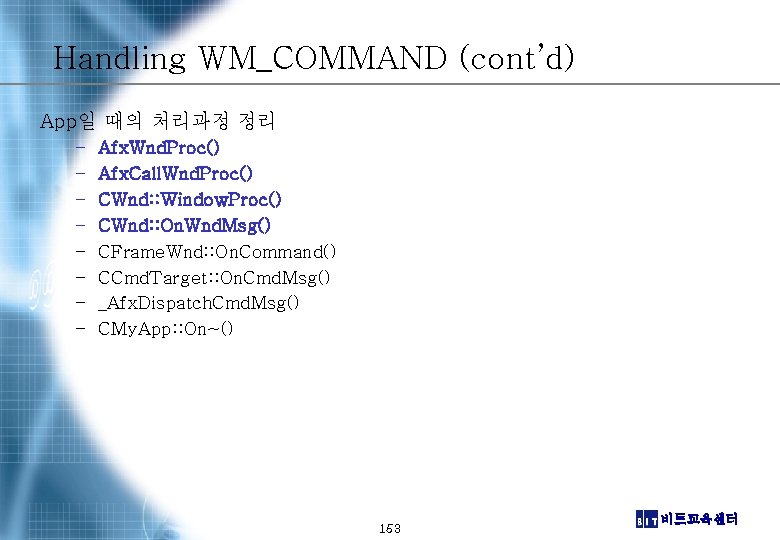 Handling WM_COMMAND (cont’d) App일 때의 처리과정 정리 – – – – Afx. Wnd. Proc()