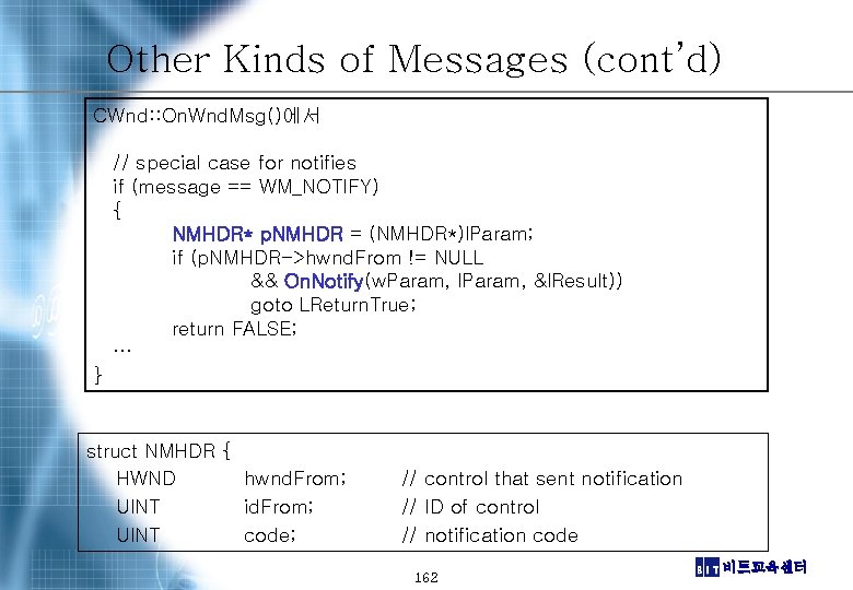 Other Kinds of Messages (cont’d) CWnd: : On. Wnd. Msg()에서 // special case for