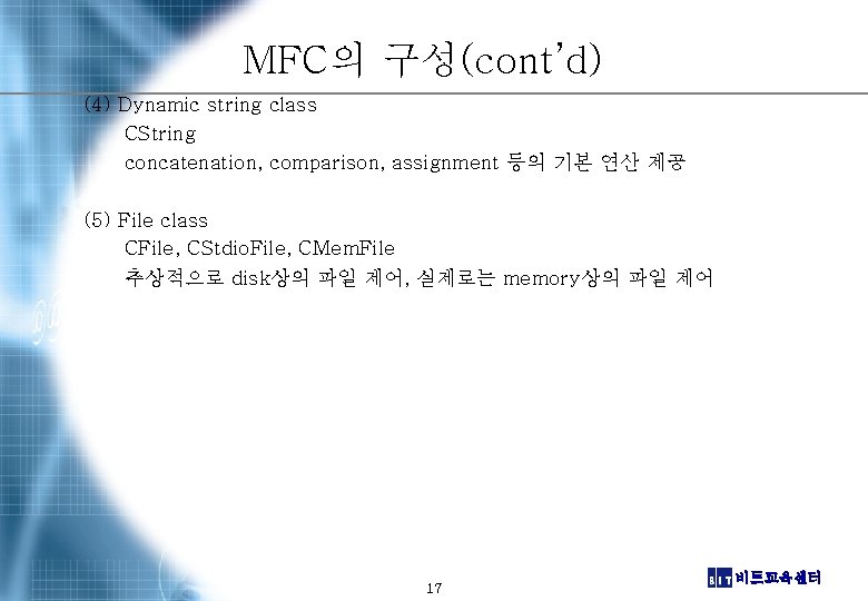 MFC의 구성(cont’d) (4) Dynamic string class CString concatenation, comparison, assignment 등의 기본 연산 제공