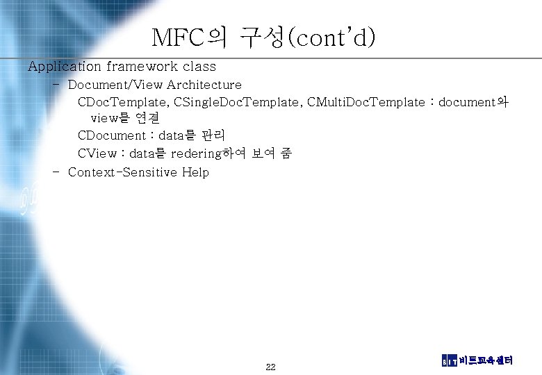 MFC의 구성(cont’d) Application framework class – Document/View Architecture CDoc. Template, CSingle. Doc. Template, CMulti.