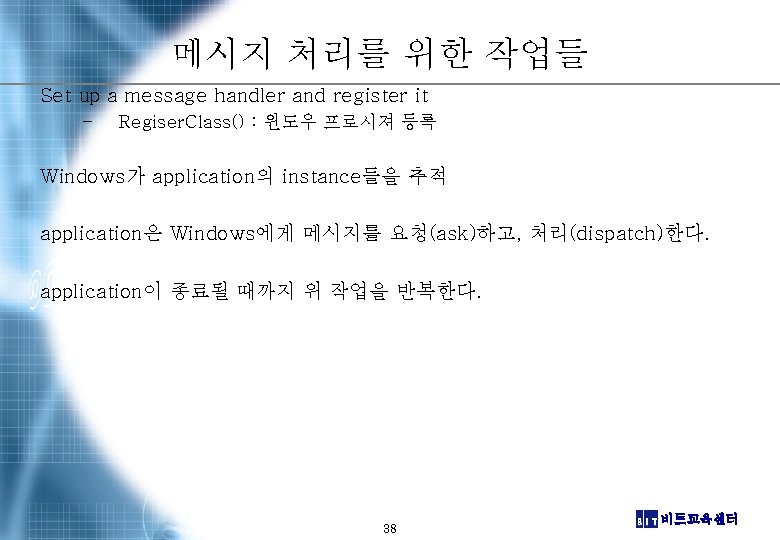 메시지 처리를 위한 작업들 Set up a message handler and register it – Regiser.