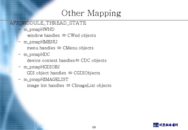 Other Mapping AFX_MODULE_THREAD_STATE – m_pmap. HWND window handles CWnd objects – m_pmap. HMENU menu