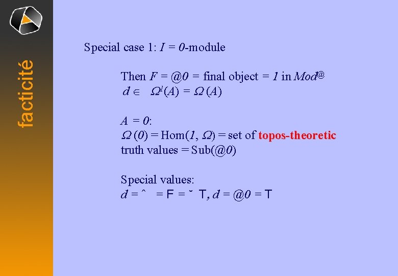 facticité Special case 1: I = 0 -module Then F = @0 = final